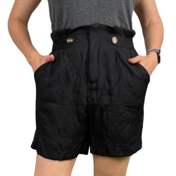 VRKUFIE Pants - VRKUFIE Black Button High-Waist Paper Bag Short XL